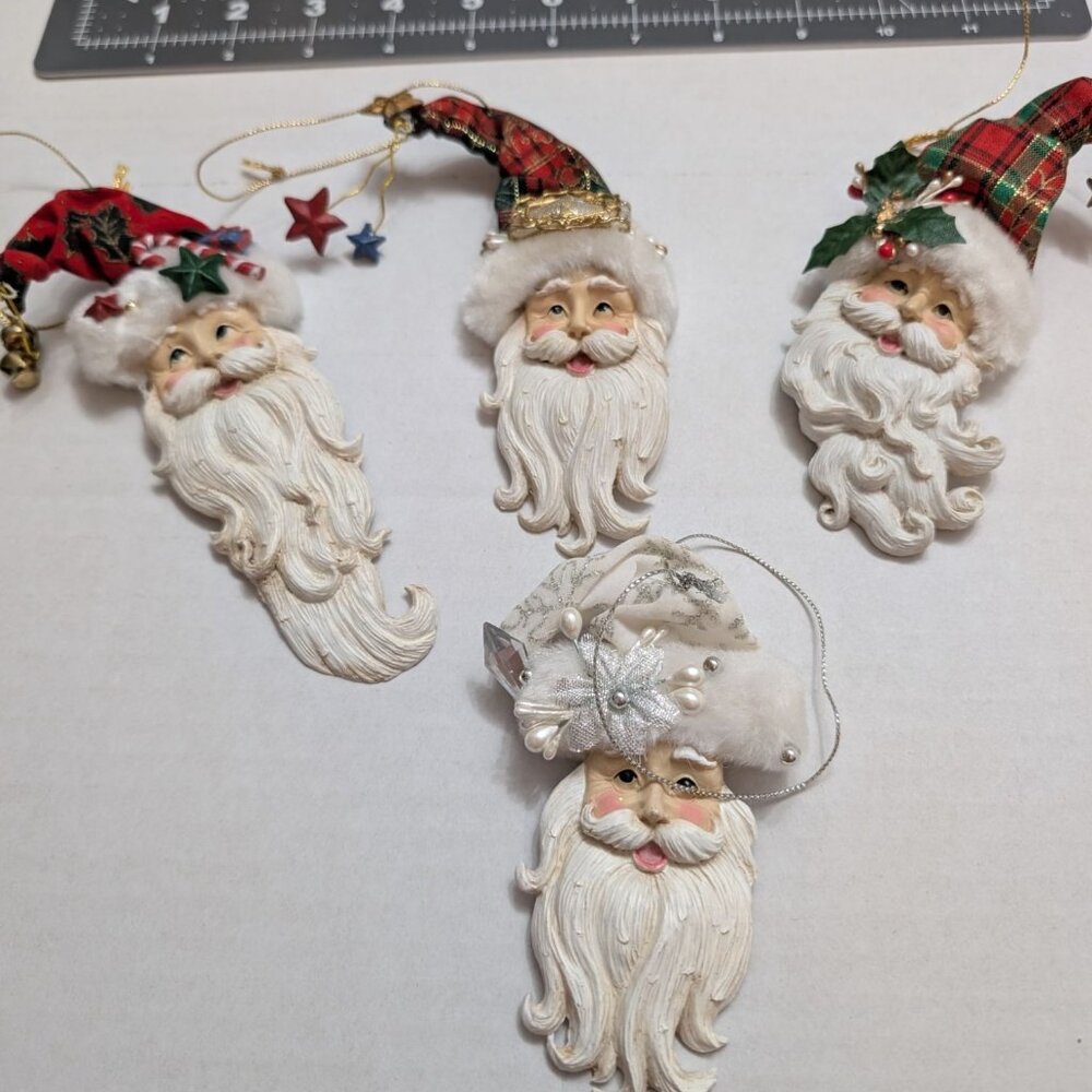 Santa Christmas Ornament Whimsical Beard‎ resin mix cloth metal lot of 4 vtg